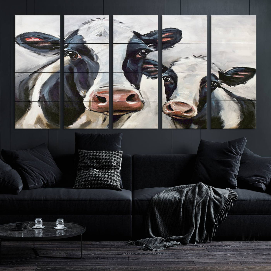 Charming Cow Canvas Wall Art - Black and White Cattle Farm Animal Print for Living Room or Kitchen, Ready to Hang