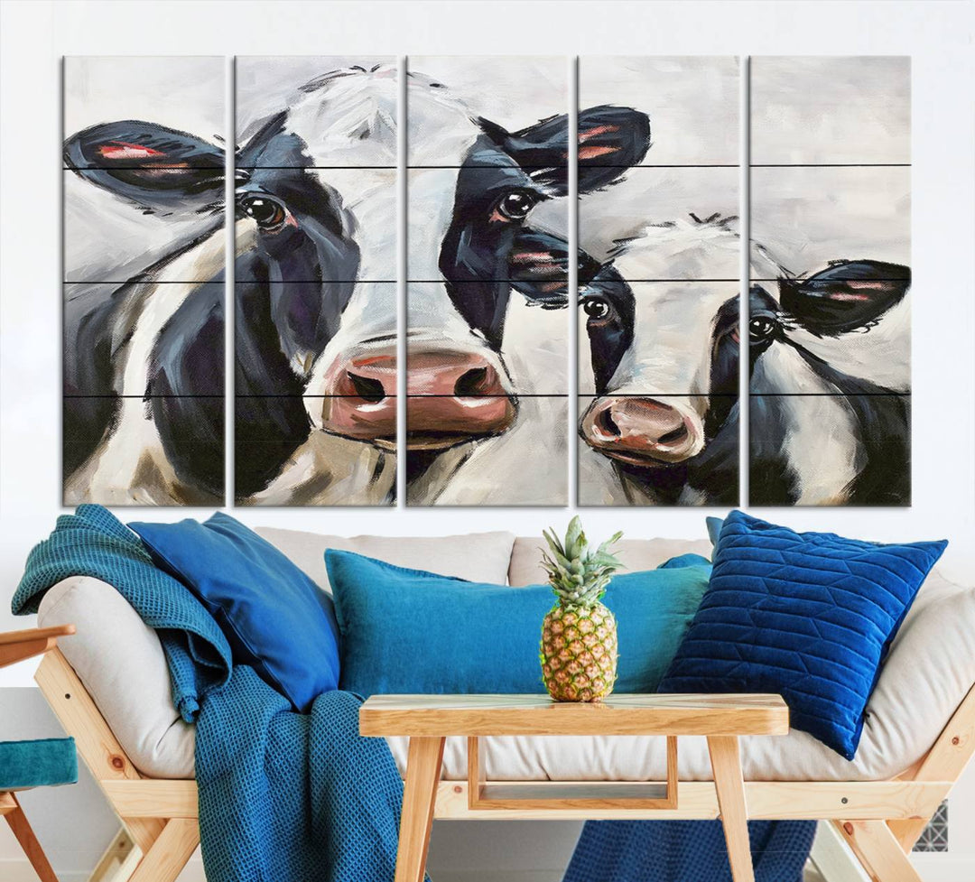 Charming Cow Canvas Wall Art - Black and White Cattle Farm Animal Print for Living Room or Kitchen, Ready to Hang