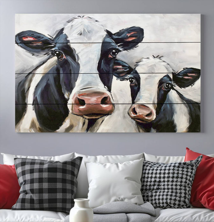 Charming Cow Canvas Wall Art - Black and White Cattle Farm Animal Print for Living Room or Kitchen, Ready to Hang