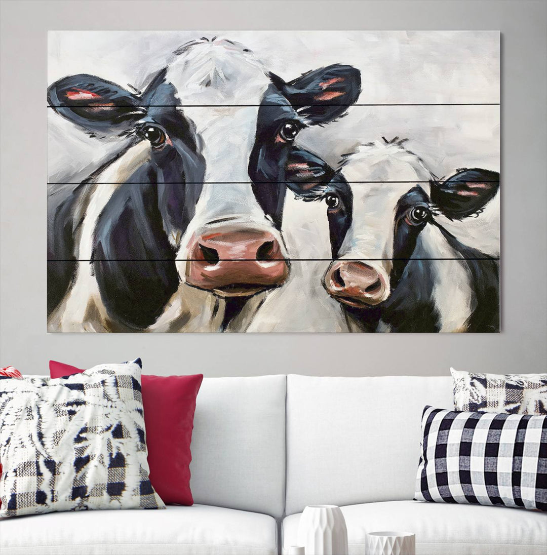 Charming Cow Canvas Wall Art - Black and White Cattle Farm Animal Print for Living Room or Kitchen, Ready to Hang