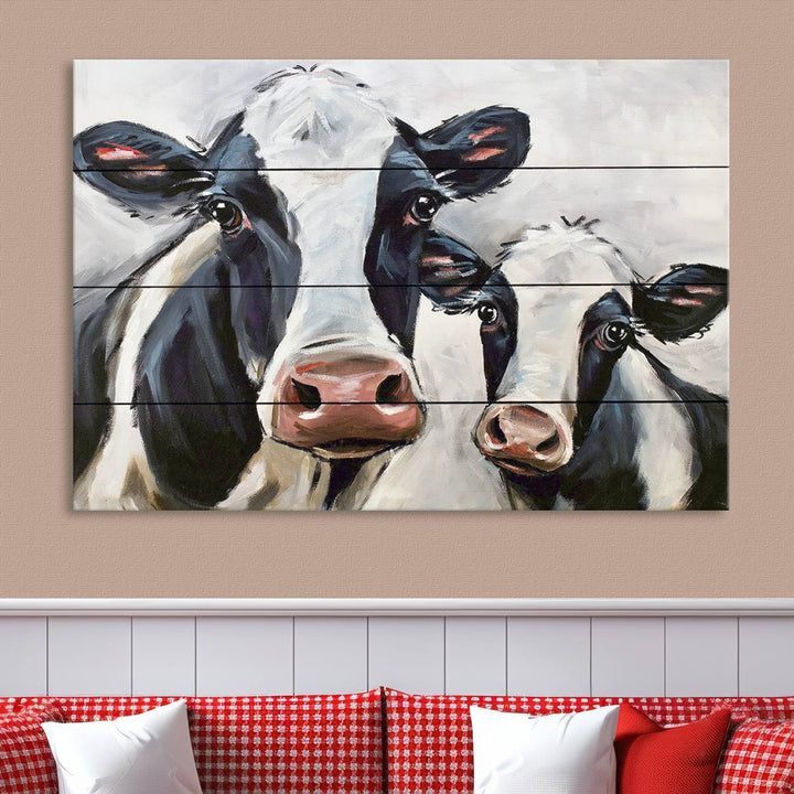 Charming Cow Canvas Wall Art - Black and White Cattle Farm Animal Print for Living Room or Kitchen, Ready to Hang