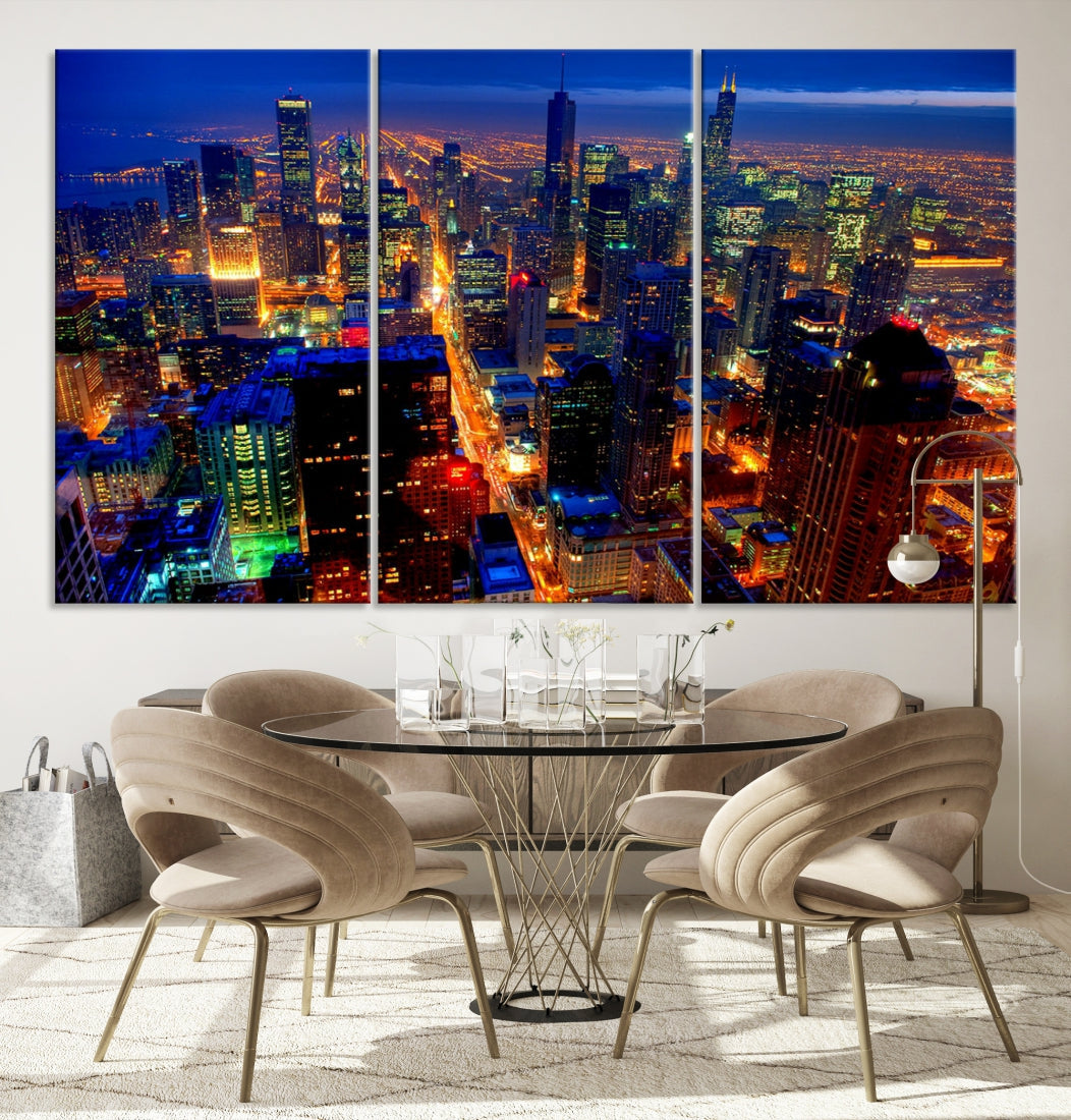 Chicago Aerial Night Skyline Wall Art Framed Cityscape Canvas Picture Print