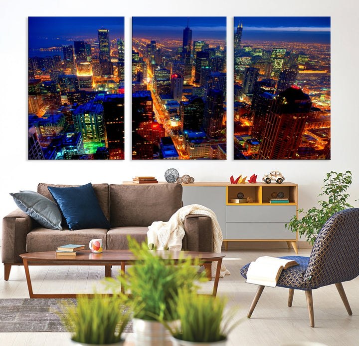 Chicago Aerial Night Skyline Wall Art Framed Cityscape Canvas Picture Print