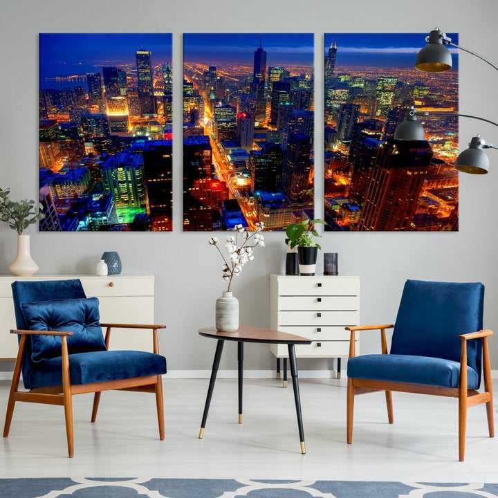 Chicago Aerial Night Skyline Wall Art Framed Cityscape Canvas Picture Print