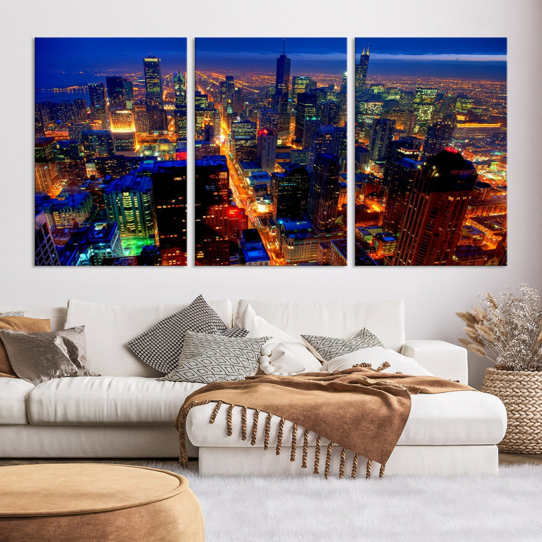 Chicago Aerial Night Skyline Wall Art Framed Cityscape Canvas Picture Print