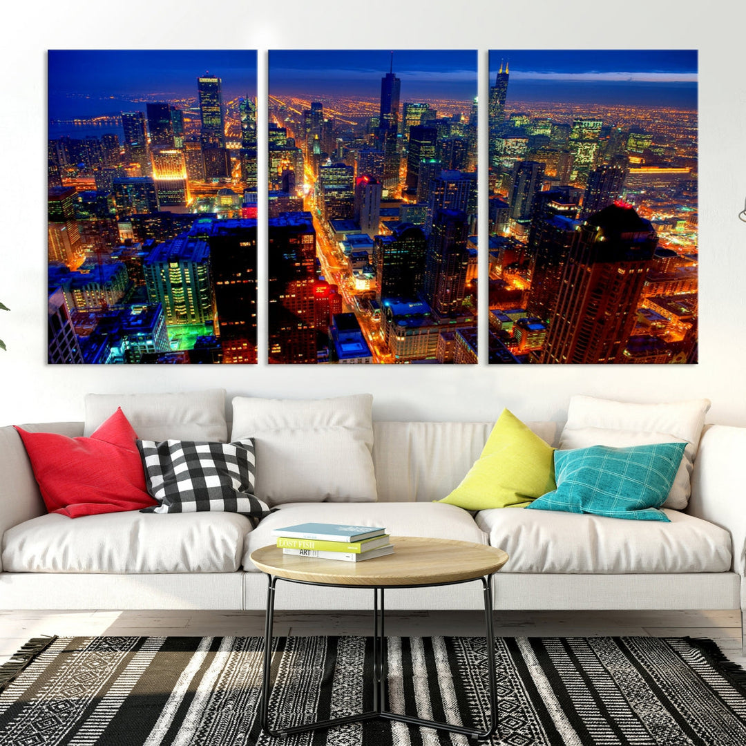 Chicago Aerial Night Skyline Wall Art Framed Cityscape Canvas Picture Print