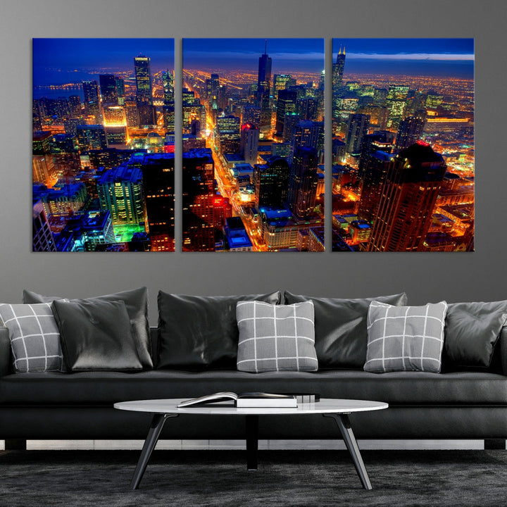 Chicago Aerial Night Skyline Wall Art Framed Cityscape Canvas Picture Print