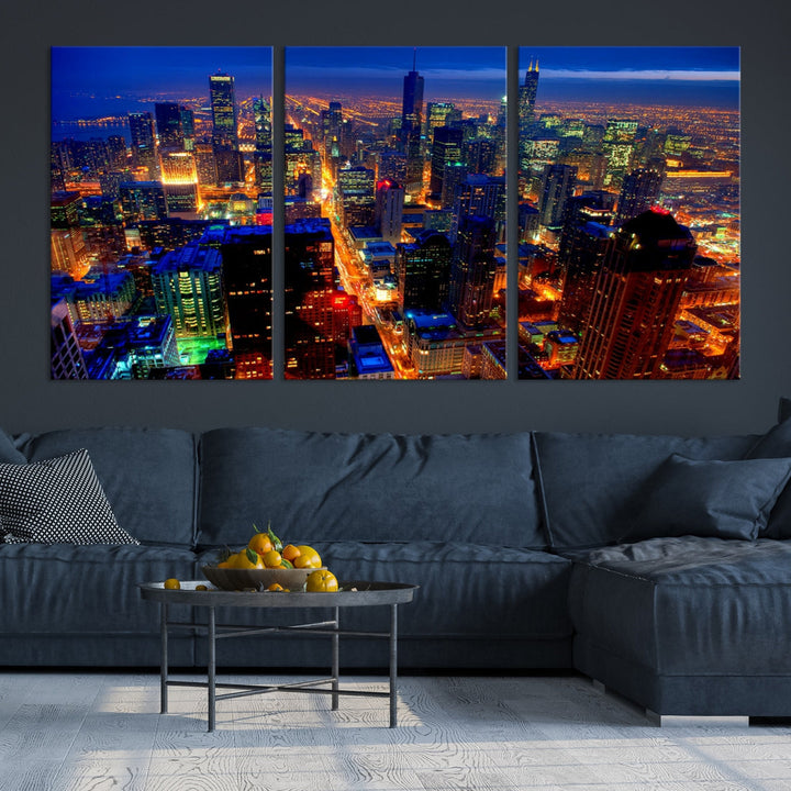 Chicago Aerial Night Skyline Wall Art Framed Cityscape Canvas Picture Print