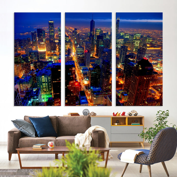 Chicago Aerial Night Skyline Wall Art Framed Cityscape Canvas Picture Print