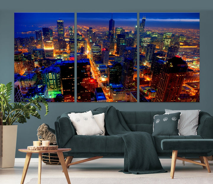 Chicago Aerial Night Skyline Wall Art Framed Cityscape Canvas Picture Print