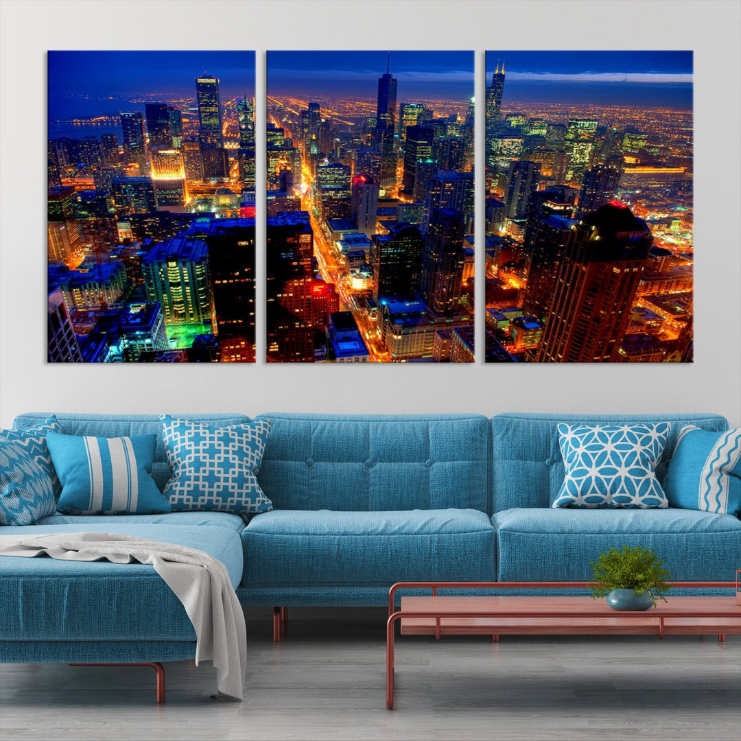 Chicago Aerial Night Skyline Wall Art Framed Cityscape Canvas Picture Print