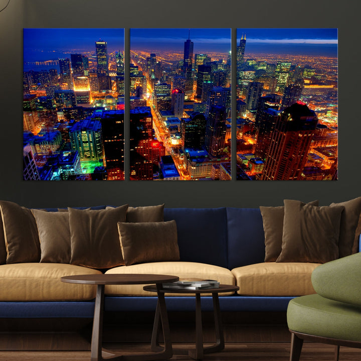 Chicago Aerial Night Skyline Wall Art Framed Cityscape Canvas Picture Print