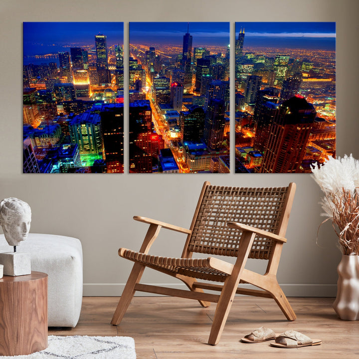 Chicago Aerial Night Skyline Wall Art Framed Cityscape Canvas Picture Print