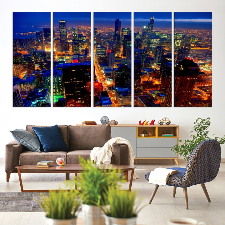 Chicago Aerial Night Skyline Wall Art Framed Cityscape Canvas Picture Print