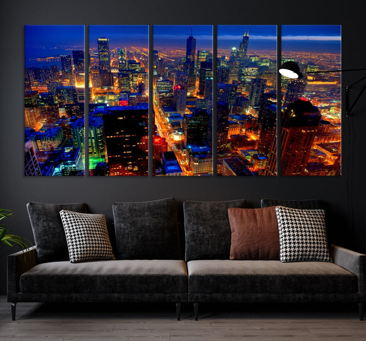 Chicago Aerial Night Skyline Wall Art Framed Cityscape Canvas Picture Print