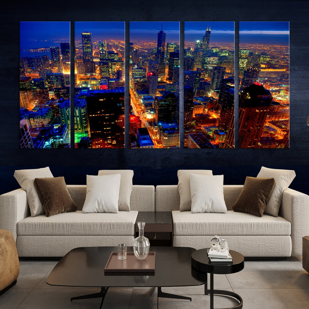 Chicago Aerial Night Skyline Wall Art Framed Cityscape Canvas Picture Print