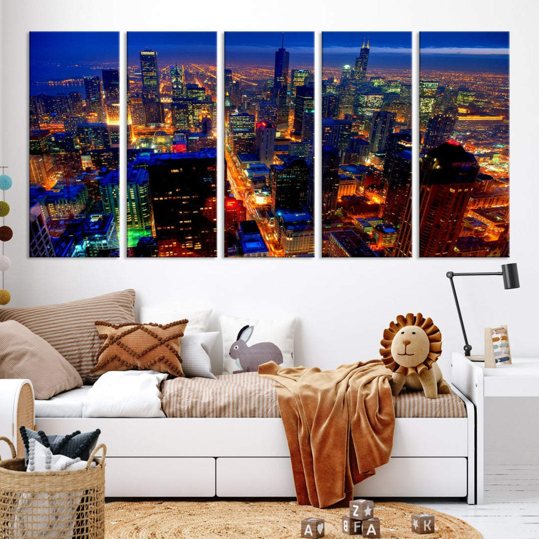 Chicago Aerial Night Skyline Wall Art Framed Cityscape Canvas Picture Print