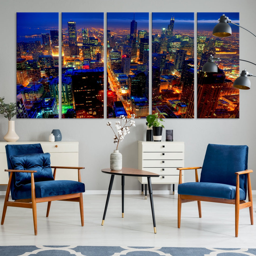 Chicago Aerial Night Skyline Wall Art Framed Cityscape Canvas Picture Print