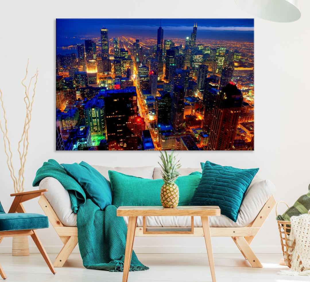 Chicago Aerial Night Skyline Wall Art Framed Cityscape Canvas Picture Print