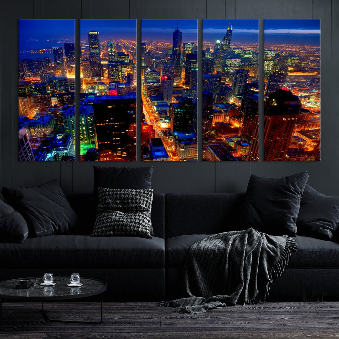 Chicago Aerial Night Skyline Wall Art Framed Cityscape Canvas Picture Print