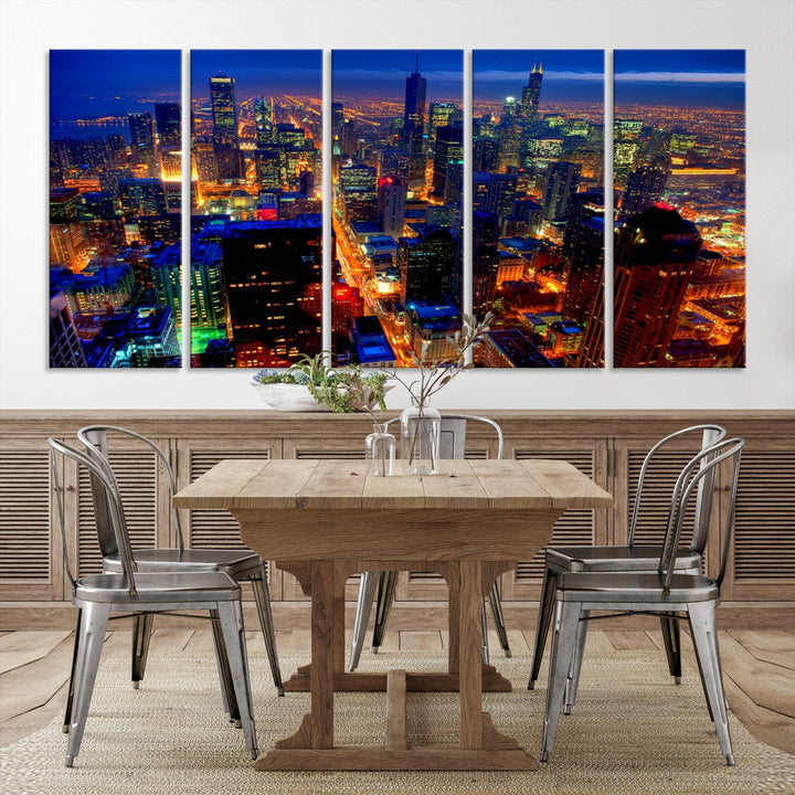 Chicago Aerial Night Skyline Wall Art Framed Cityscape Canvas Picture Print