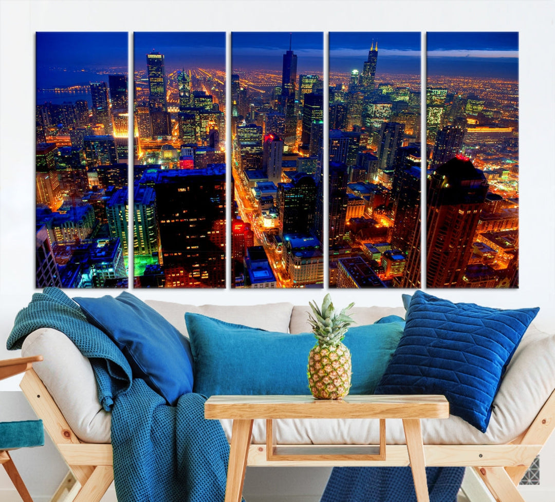 Chicago Aerial Night Skyline Wall Art Framed Cityscape Canvas Picture Print