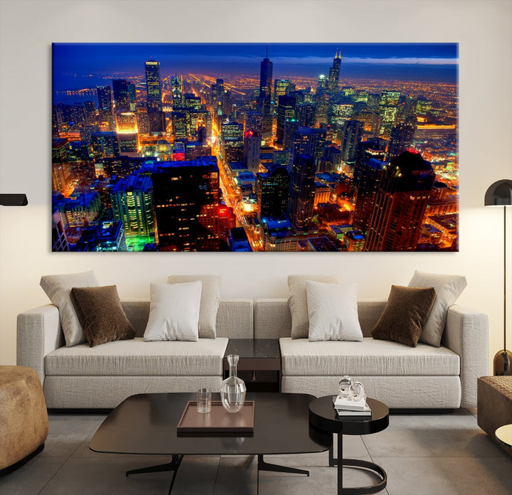 Chicago Aerial Night Skyline Wall Art Framed Cityscape Canvas Picture Print