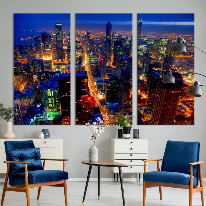 Chicago Aerial Night Skyline Wall Art Framed Cityscape Canvas Picture Print