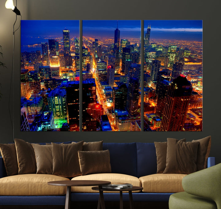 Chicago Aerial Night Skyline Wall Art Framed Cityscape Canvas Picture Print