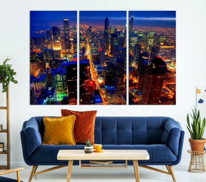 Chicago Aerial Night Skyline Wall Art Framed Cityscape Canvas Picture Print