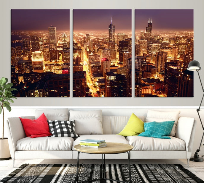 Chicago City Lights Aerial Picture Skyline Canvas Wall Art Large Print Wall Decor