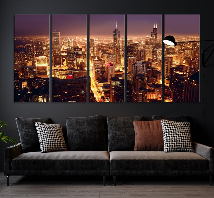 Chicago City Lights Aerial Picture Skyline Canvas Wall Art Large Print Wall Decor