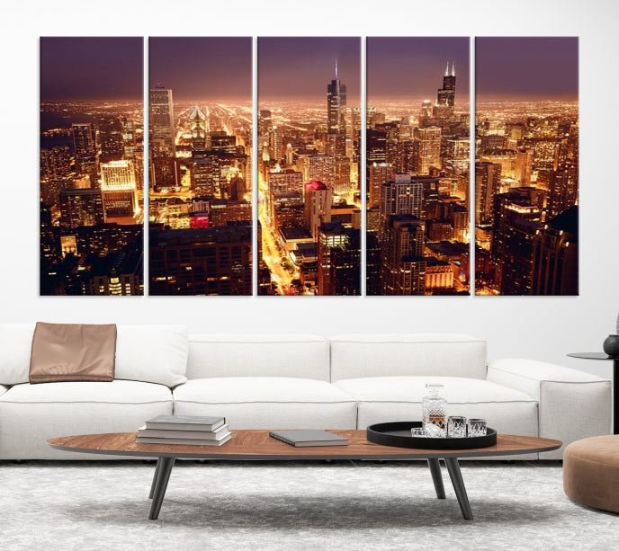 Chicago City Lights Aerial Picture Skyline Canvas Wall Art Large Print Wall Decor