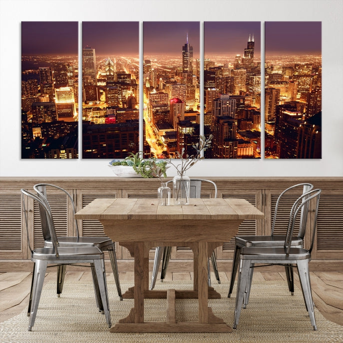 Chicago City Lights Aerial Picture Skyline Canvas Wall Art Large Print Wall Decor