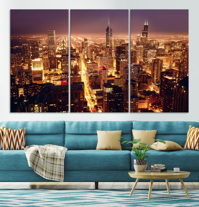 Chicago City Lights Aerial Picture Skyline Canvas Wall Art Large Print Wall Decor