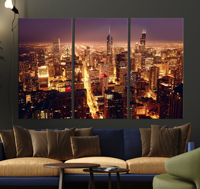 Chicago City Lights Aerial Picture Skyline Canvas Wall Art Large Print Wall Decor