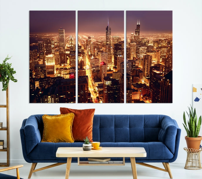 Chicago City Lights Aerial Picture Skyline Canvas Wall Art Large Print Wall Decor