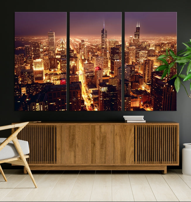 Chicago City Lights Aerial Picture Skyline Canvas Wall Art Large Print Wall Decor