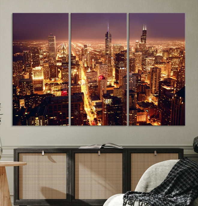 Chicago City Lights Aerial Picture Skyline Canvas Wall Art Large Print Wall Decor