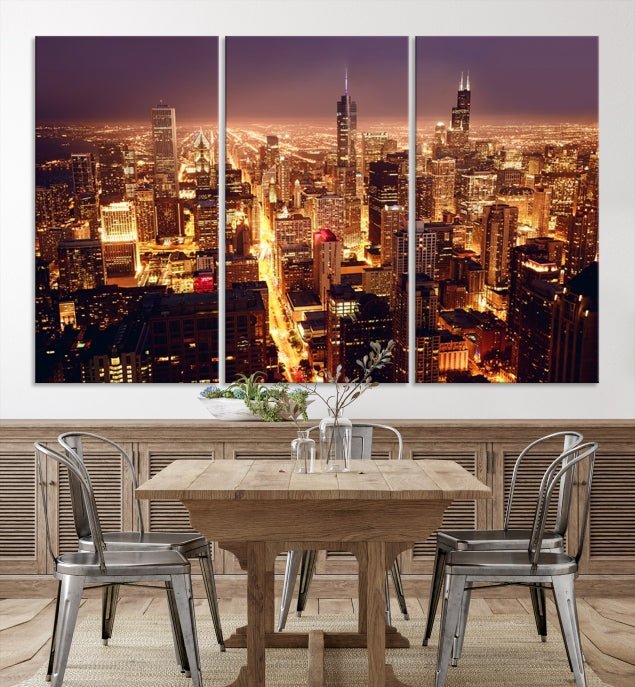 Chicago City Lights Aerial Picture Skyline Canvas Wall Art Large Print Wall Decor