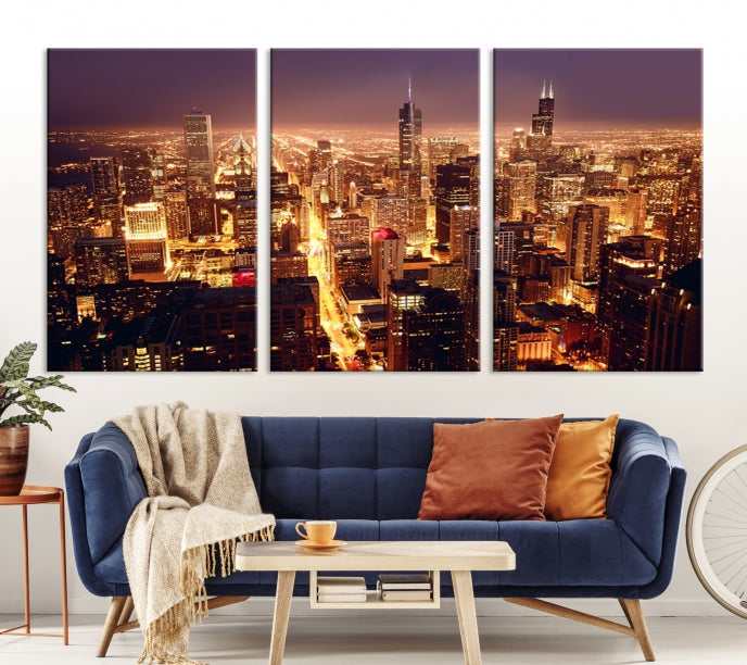 Chicago City Lights Aerial Picture Skyline Canvas Wall Art Large Print Wall Decor