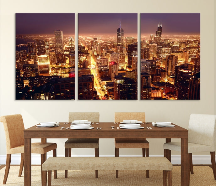 Chicago City Lights Aerial Picture Skyline Canvas Wall Art Large Print Wall Decor