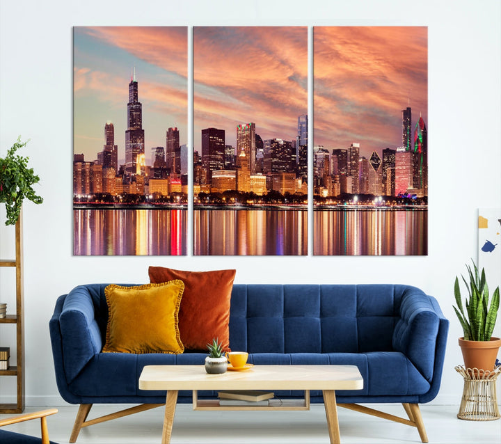 Chicago Downtown at Sunset Skyline Canvas Wall Art Print Framed