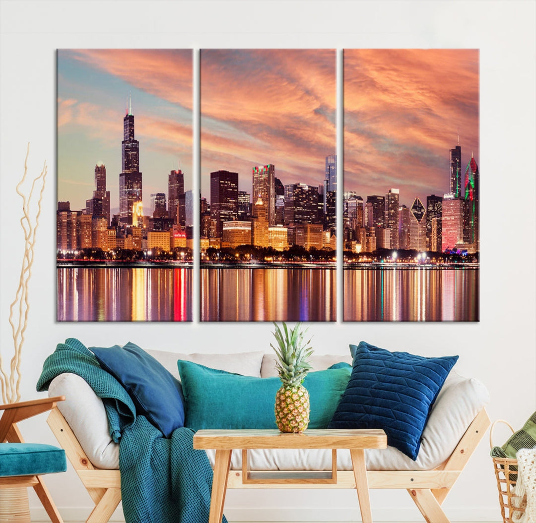 Chicago Downtown at Sunset Skyline Canvas Wall Art Print Framed