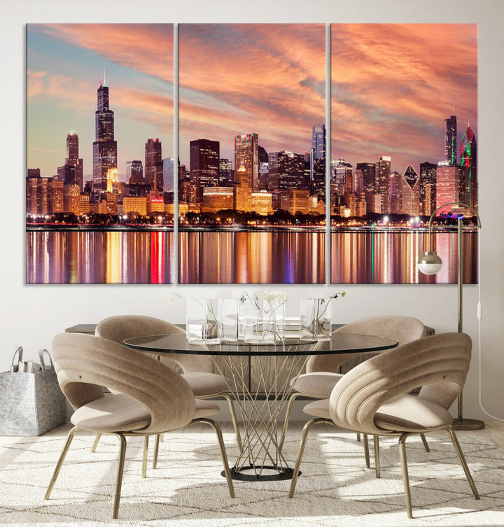 Chicago Downtown at Sunset Skyline Canvas Wall Art Print Framed