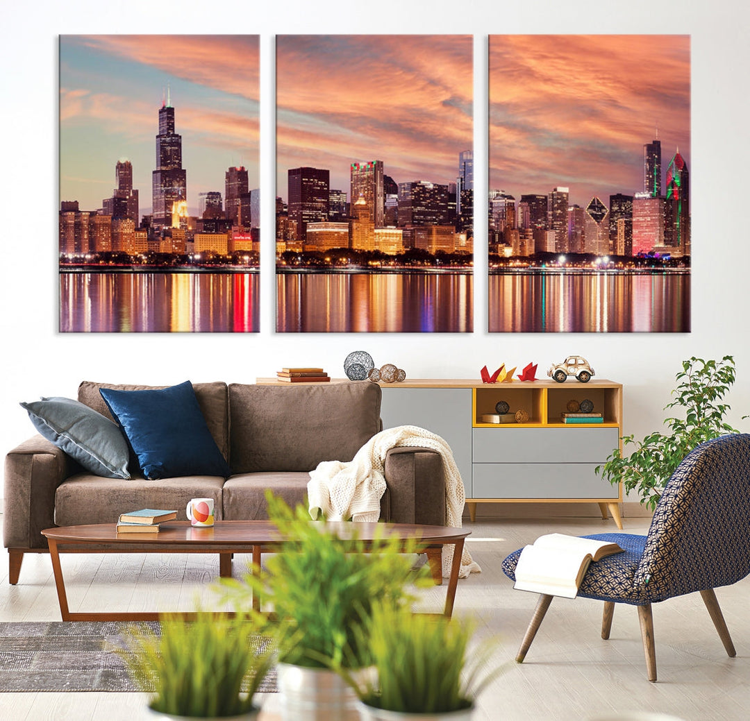 Chicago Downtown at Sunset Skyline Canvas Wall Art Print Framed