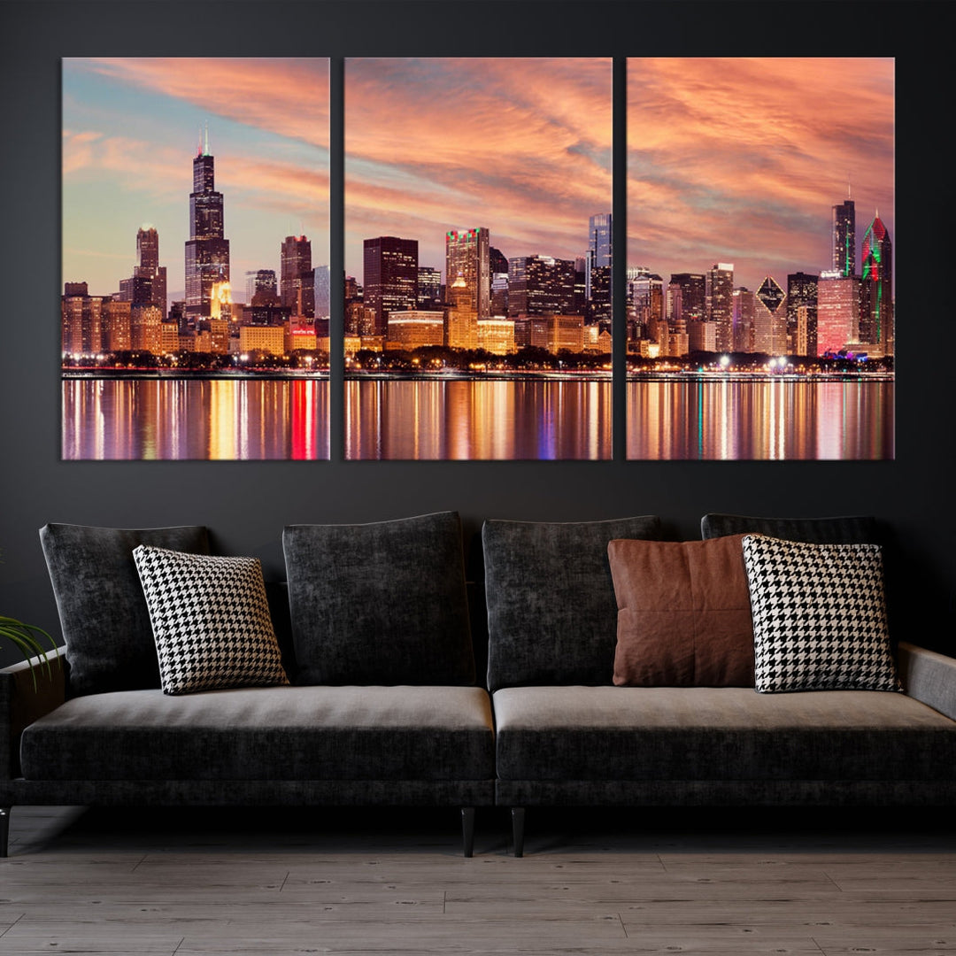 Chicago Downtown at Sunset Skyline Canvas Wall Art Print Framed