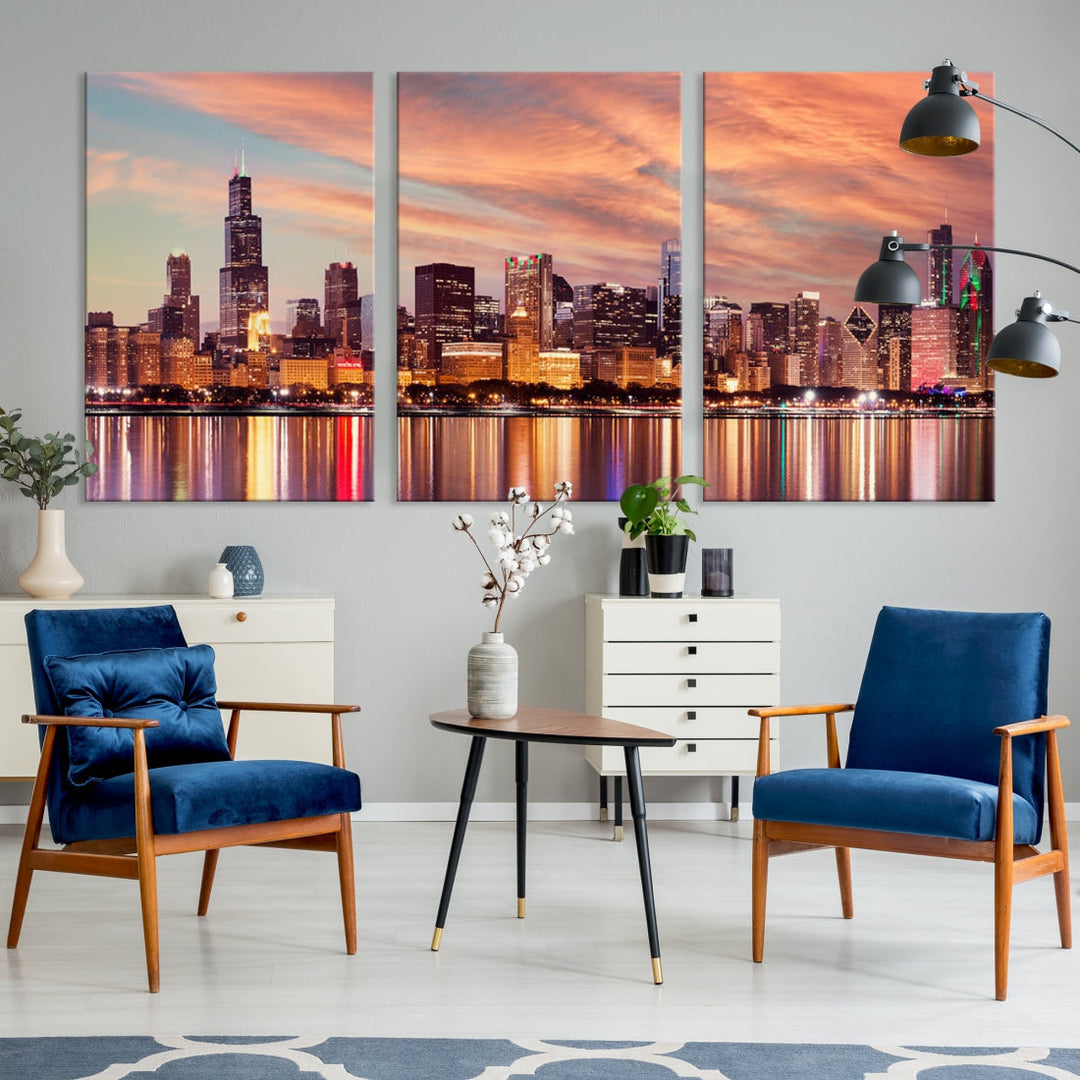 Chicago Downtown at Sunset Skyline Canvas Wall Art Print Framed