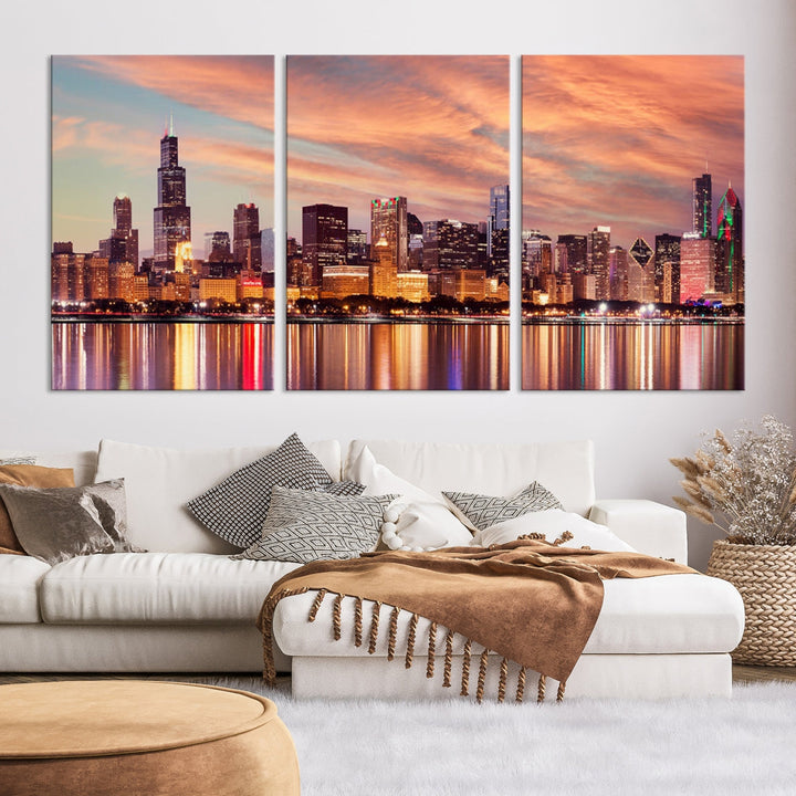 Chicago Downtown at Sunset Skyline Canvas Wall Art Print Framed