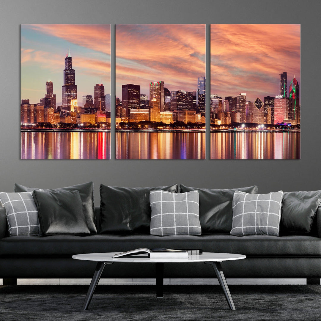 Chicago Downtown at Sunset Skyline Canvas Wall Art Print Framed